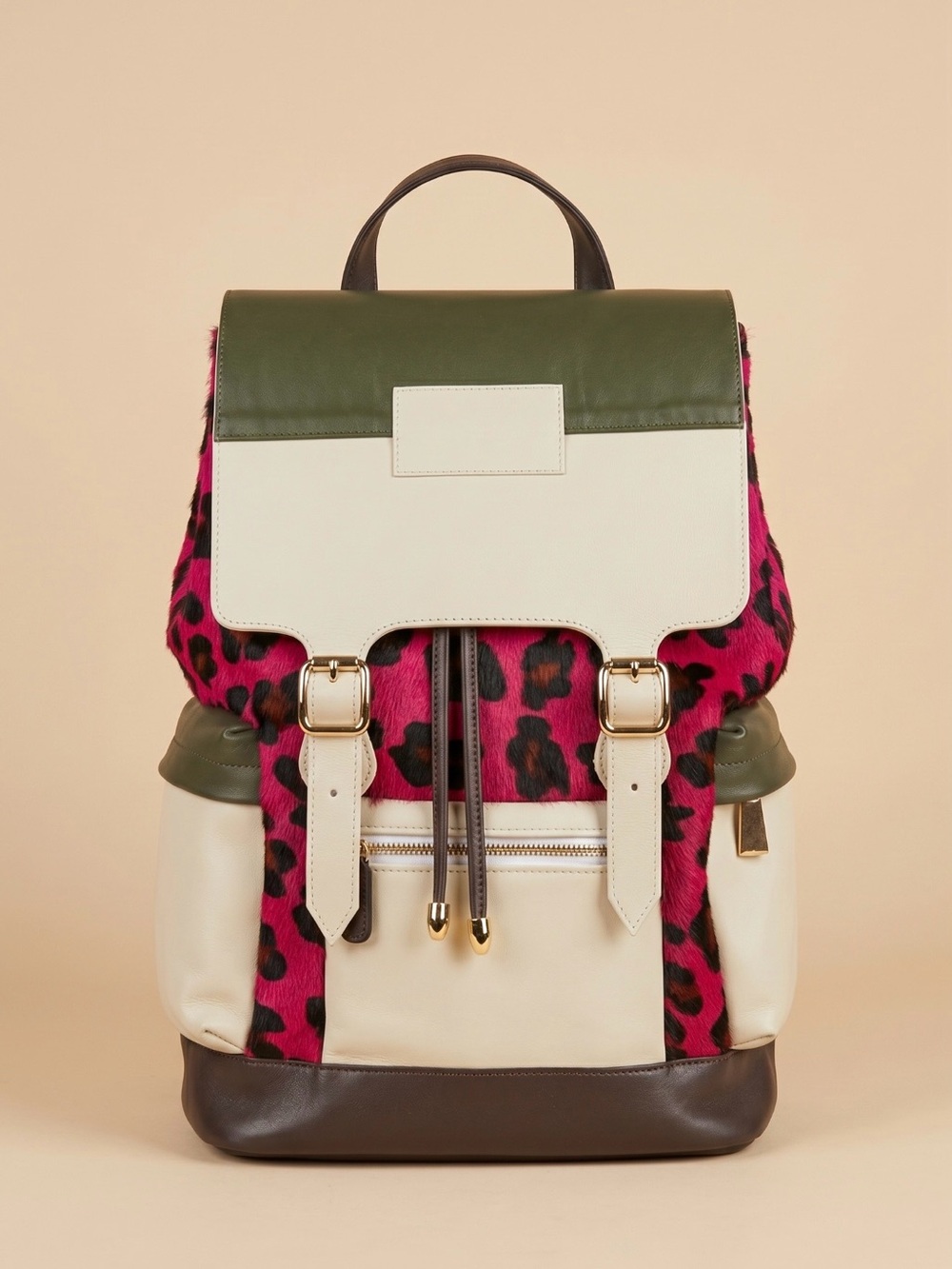 Cream and Pink Leopard Ocelot Accent Backpack Tote